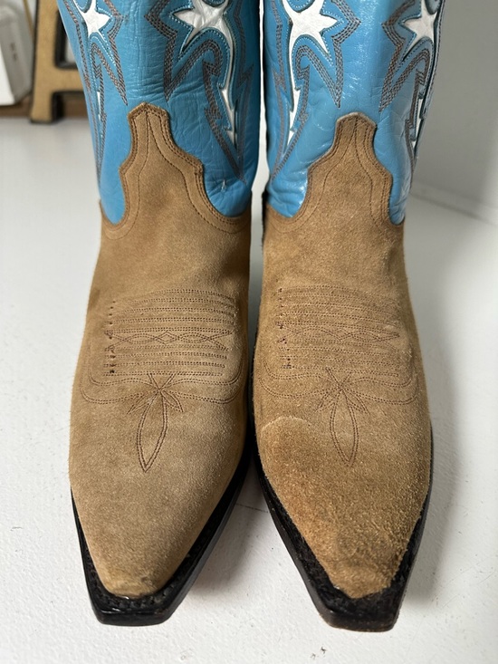 Dan Post Cowgirl Boots Womens 8.5M Genuine Cowhide Tan Blue Western Suede - Picture 3 of 9